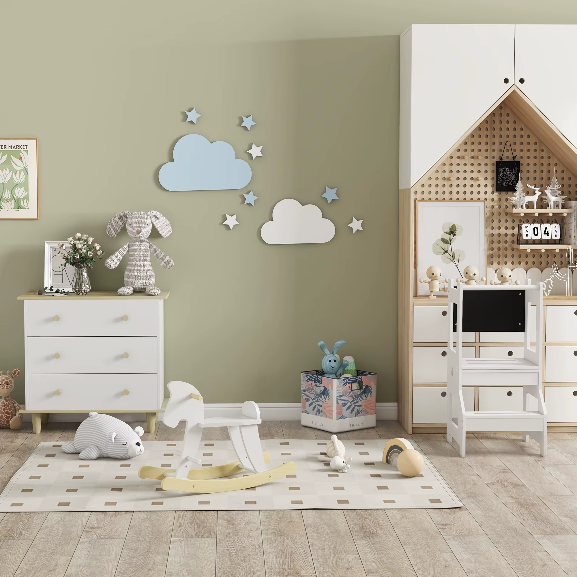 Laste toa seinal helesinised ja valged pilve- ning tähekujulised seinakaunistused
