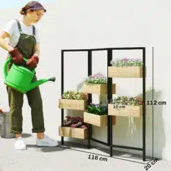 Must metallraamiga vertikaalne taimekast lilledega, 112 cm kõrge ja 116 cm lai