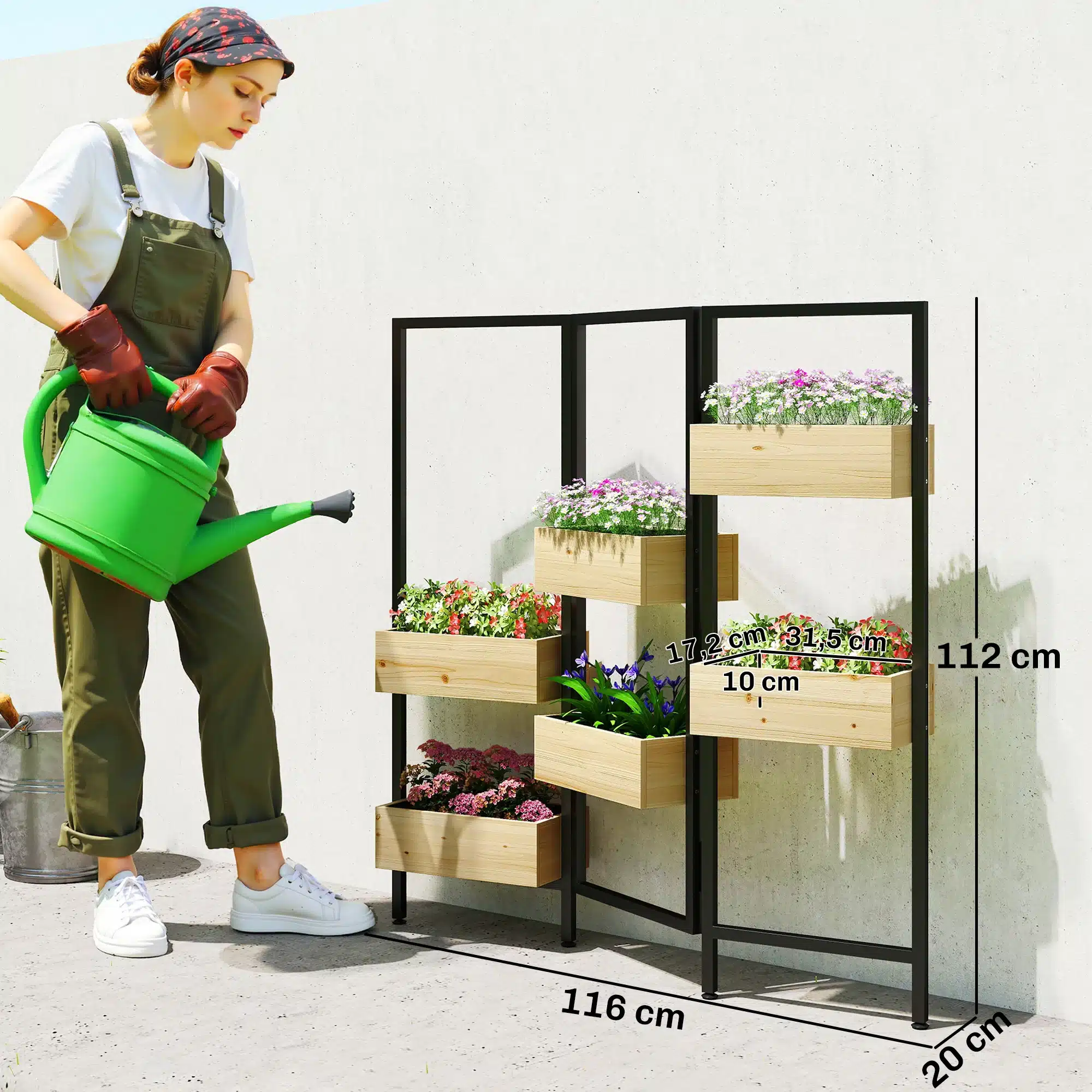 Must metallraamiga vertikaalne taimekast lilledega, 112 cm kõrge ja 116 cm lai