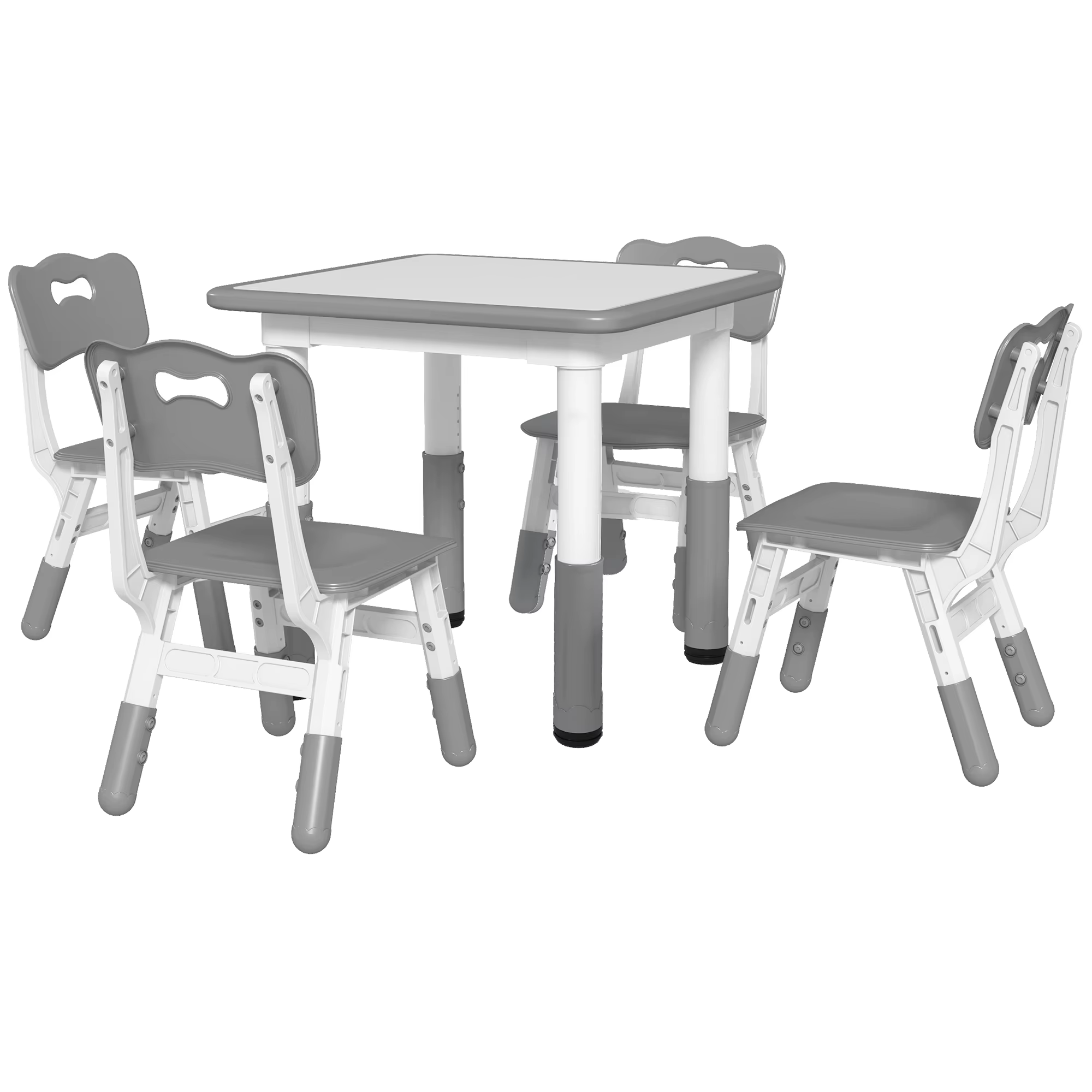 Hall ja valge laste laud nelja reguleeritava tooliga valgel taustal