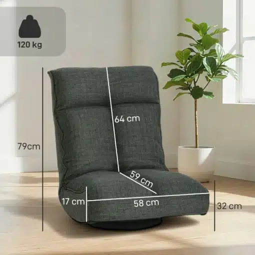 Pöörlev reguleeritava seljatoega põrandatool | E-pood Tootemaailm Tumehall põrandatool, mõõtudega 79 × 58 × 64 cm ja kandevõimega 120 kg