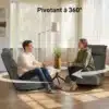 Pöörlev reguleeritava seljatoega põrandatool | E-pood Tootemaailm Kaks halli pöörlevat tugitooli elutoas, inimesed istumas ja 360° pöörlemist näitavad nooled