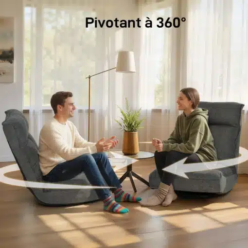 Pöörlev reguleeritava seljatoega põrandatool | E-pood Tootemaailm Kaks halli pöörlevat tugitooli elutoas, inimesed istumas ja 360° pöörlemist näitavad nooled