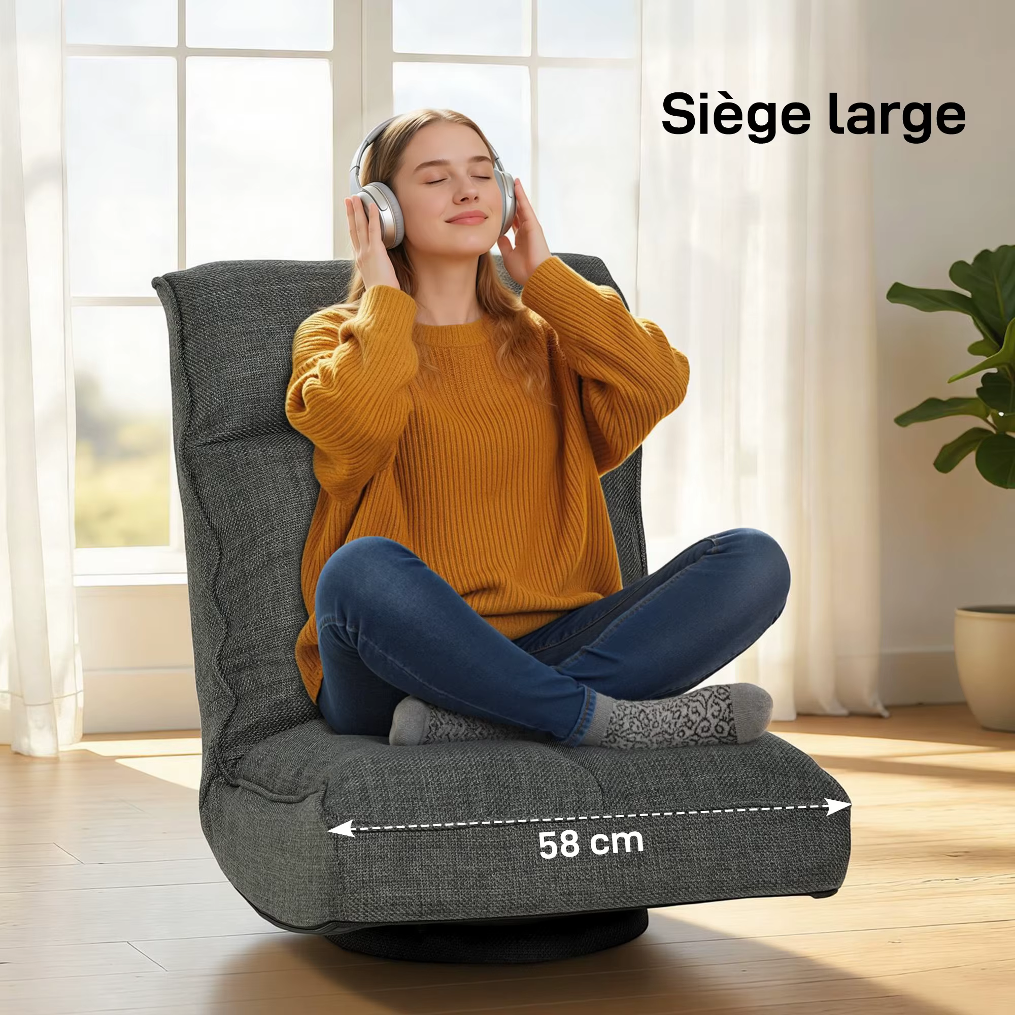 Hall põrandatool laia 58 cm istmega, millel istub kõrvaklappidega naine