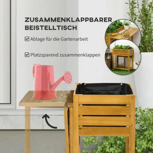 Puidust tõstetud peenar kokkupandava töötasapinnaga | E-pood Tootemaailm Kokkupandava külglauaga puidust kõrgpeenar aiatöödeks
