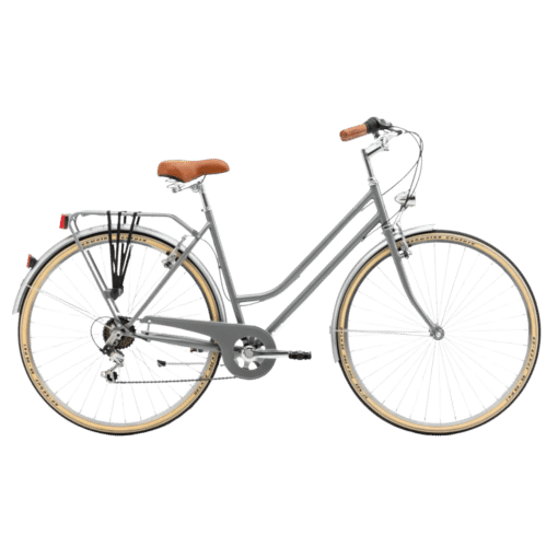 Naiste linnaratas Vintage Eco D L-raamiga grafiit | E-pood Tootemaailm Hall madala raamiga linnaratas pruuni sadula, pakiraami ja beežide rehvidega