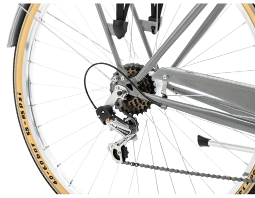 Naiste linnaratas Vintage Eco D L-raamiga grafiit | E-pood Tootemaailm Jalgratta tagaratas Shimano käiguvahetaja, kasseti ja ketiga hallil raamistikul