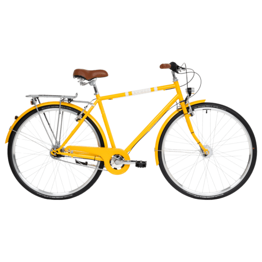Meeste linnaratas Vintage Classic 2.0, kollane, L-raam | E-pood Tootemaailm Kollane klassikaline jalgratas pruuni sadula, poritiibade ja tagumise pakiraamiga