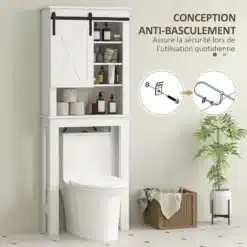 Valge WC-kapp lükandukse, avatud riiulite ja seina külge kinnitatava ümberkukkumisvastase komplektiga