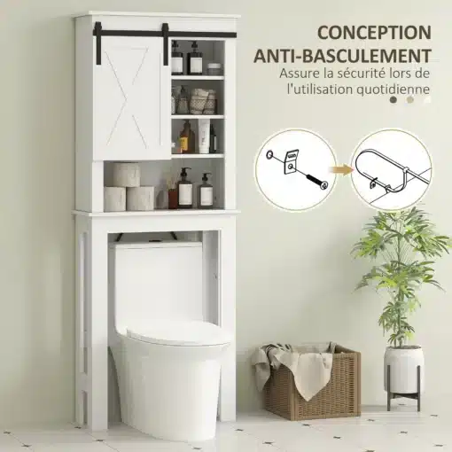 Valge WC kohal asuv hoiukapp lükandukse ja riiulitega | E-pood Tootemaailm Valge WC-kapp lükandukse, avatud riiulite ja seina külge kinnitatava ümberkukkumisvastase komplektiga