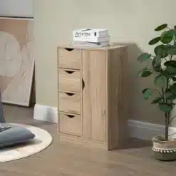 Heleda puidu toonis kapp nelja sahtli ja uksega elutoas