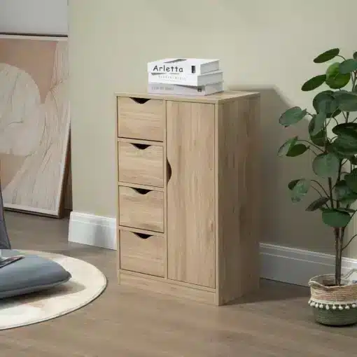 Kitsas hoiukapp 4 sahtli ja uksega | E-pood Tootemaailm Heleda puidu toonis kapp nelja sahtli ja uksega elutoas