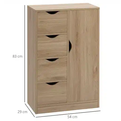 Kitsas hoiukapp 4 sahtli ja uksega | E-pood Tootemaailm Tammevälimusega kapp nelja sahtli ja uksega, mõõtudega 54 x 29 x 83 cm