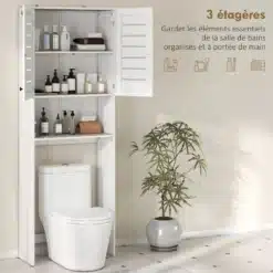 Valge WC-kohale paigaldatav vannitoakapp kolme avatud riiuli ja külgriiulitega