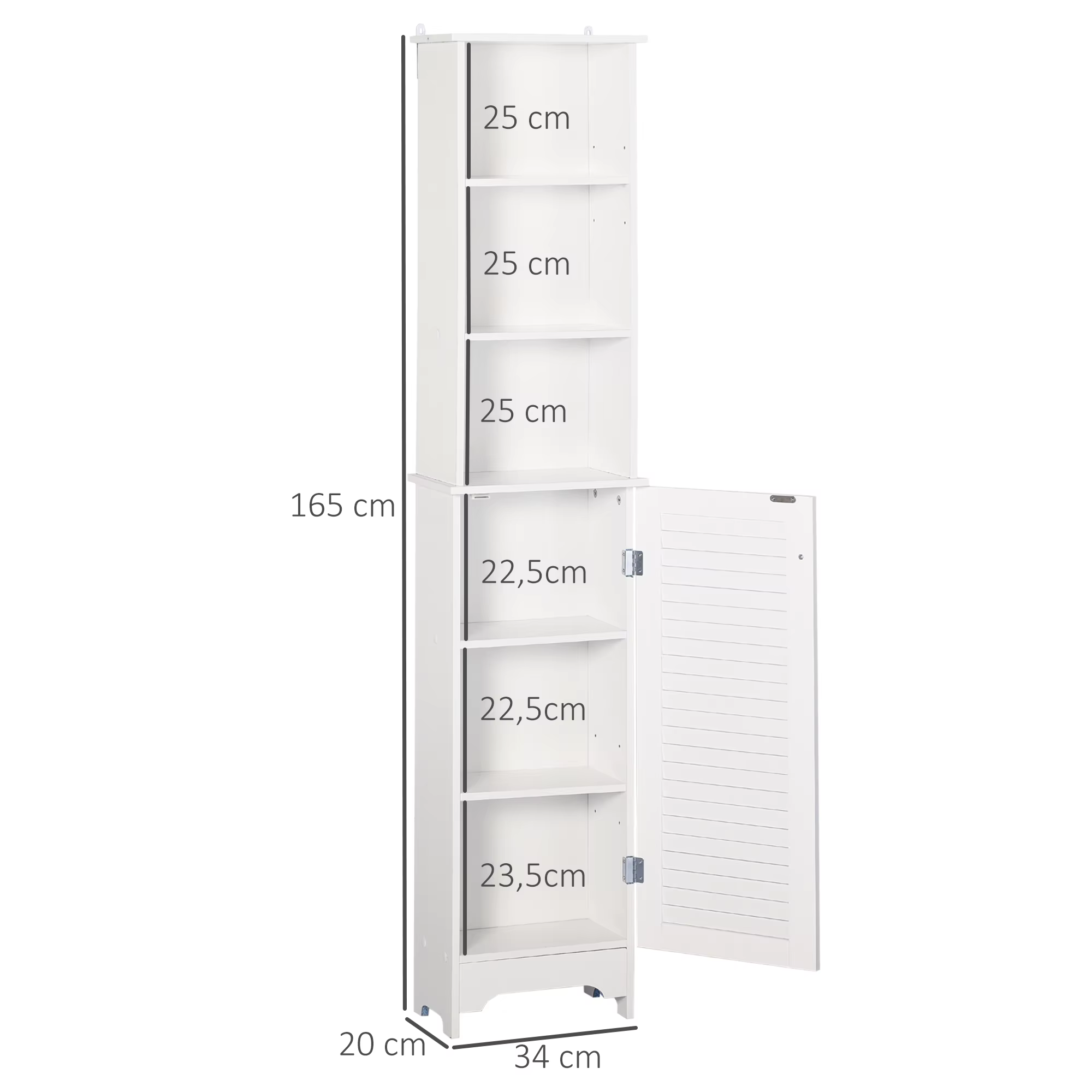 Valge kitsas vannitoakapp avatud uksega, kõrgus 165 cm, laius 34 cm ja sügavus 20 cm