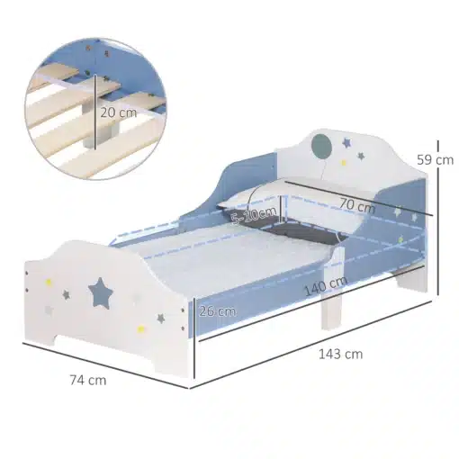 Laste põrandavoodi turvapiiretega 140 x 70 cm | E-pood Tootemaailm Sinine-valge tähtedega lastevoodi, magamisala 140 × 70 cm ja välismõõdud 143 × 74 × 59 cm