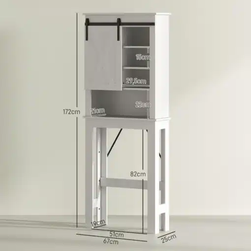 Valge WC kohal asuv hoiukapp lükandukse ja riiulitega | E-pood Tootemaailm Valge vannitoakapp liugukse, avatud riiulite ja mõõtudega 172 x 67 x 25 cm