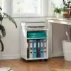Ratastel printerialus avatud hoiuruumidega 40 x 35 x 56 cm | E-pood Tootemaailm Valge ratastel kontorikapp printeri, dokumentide ja kaustade hoiustamiseks töölaua kõrval