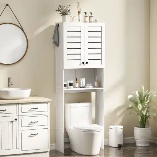 WC-kohale paigaldatav vannitoakapp ribustega ustega | E-pood Tootemaailm Valge WC-kapp riiuli ja kahe liistukujundusega uksega tualeti kohal