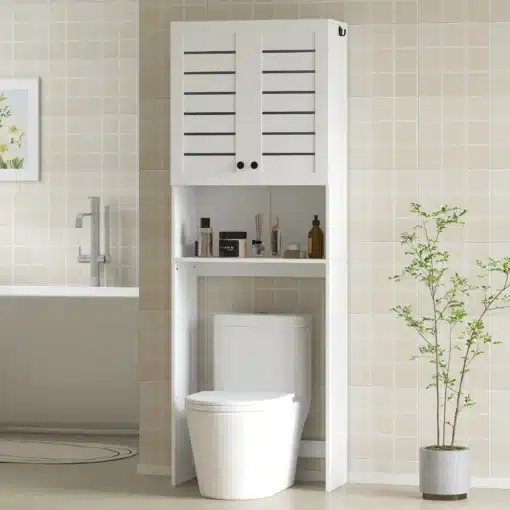 WC-kohale paigaldatav vannitoakapp ribustega ustega | E-pood Tootemaailm Valge WC-kapp ribipaneelidega ustega ja avatud riiuliga tualeti kohal