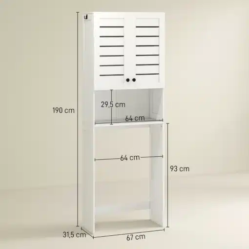 WC-kohale paigaldatav vannitoakapp ribustega ustega | E-pood Tootemaailm Valge kahe uksega pesumasinakapp mõõtudega 67 × 31,5 × 190 cm ja avatud riiuliga