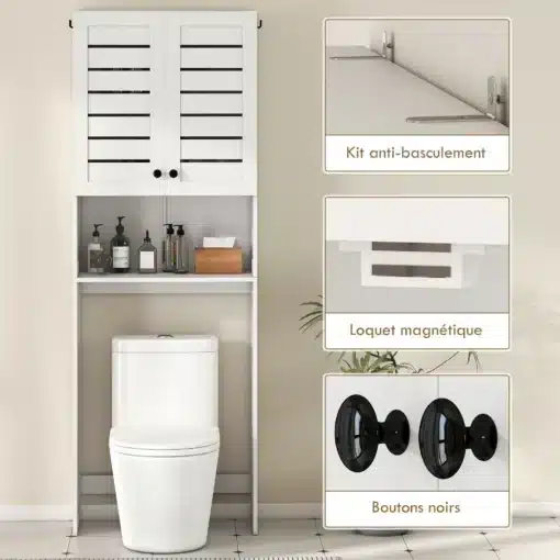 WC-kohale paigaldatav vannitoakapp ribustega ustega | E-pood Tootemaailm Valge WC-kapp riiuli, kahe ukse, mustade nuppude ja ümberkukkumisvastase kinnitusega