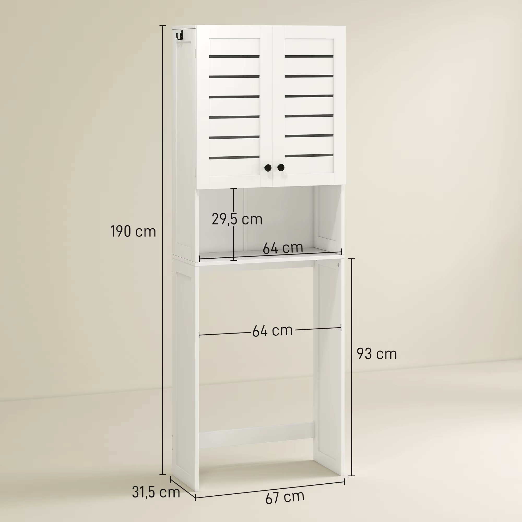 Valge vannitoa pesumasinakapp ustega, mõõtudega 190 × 67 × 31,5 cm ja 64 cm laiuse pesumasinaavaga