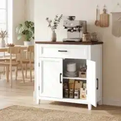 Valge puidust töötasapinnaga köögikapp sahtli ja kahe avatud uksega