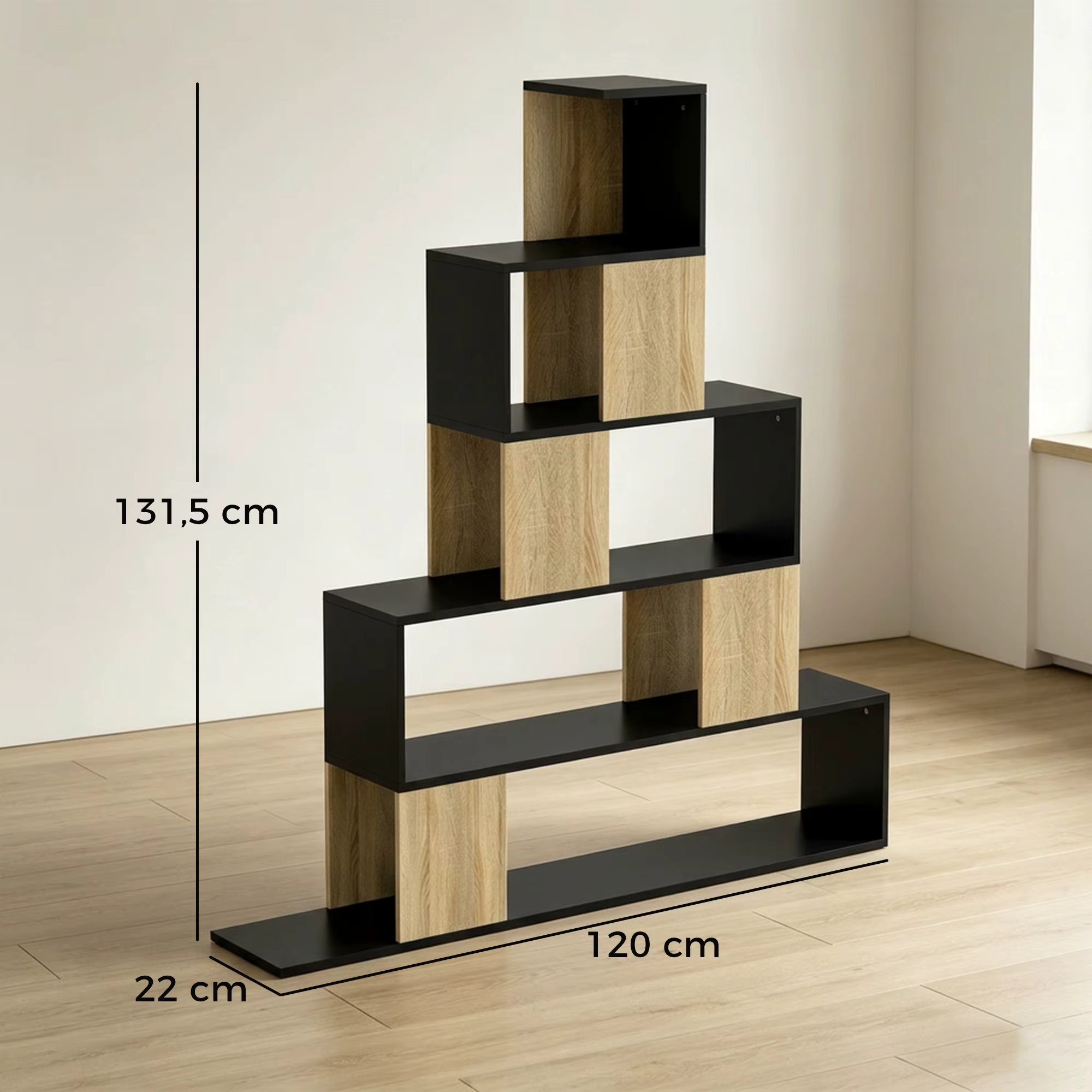 Must ja puidumustriga astmeline riiul, mõõtudega 120 × 22 × 131,5 cm