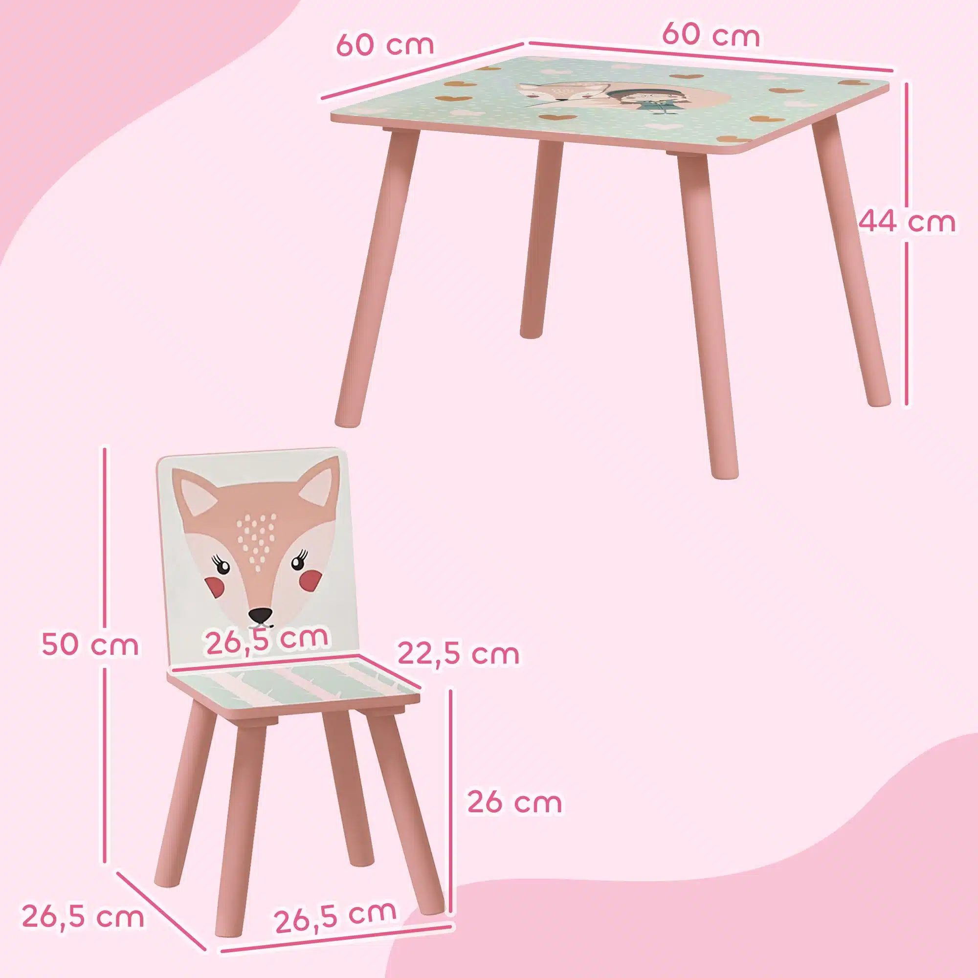 Laste laud ja tool rebase motiiviga, laua mõõdud 60 × 60 × 44 cm ning tooli mõõdud pildil