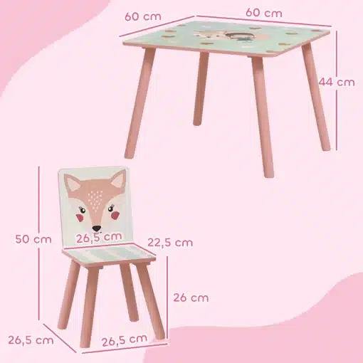 Laste laud ja 2 tooli komplekt loomamotiividega | E-pood Tootemaailm Roosa laste laud ja tool rebase pildiga, mõõtudega 60 × 60 cm ja 44 cm