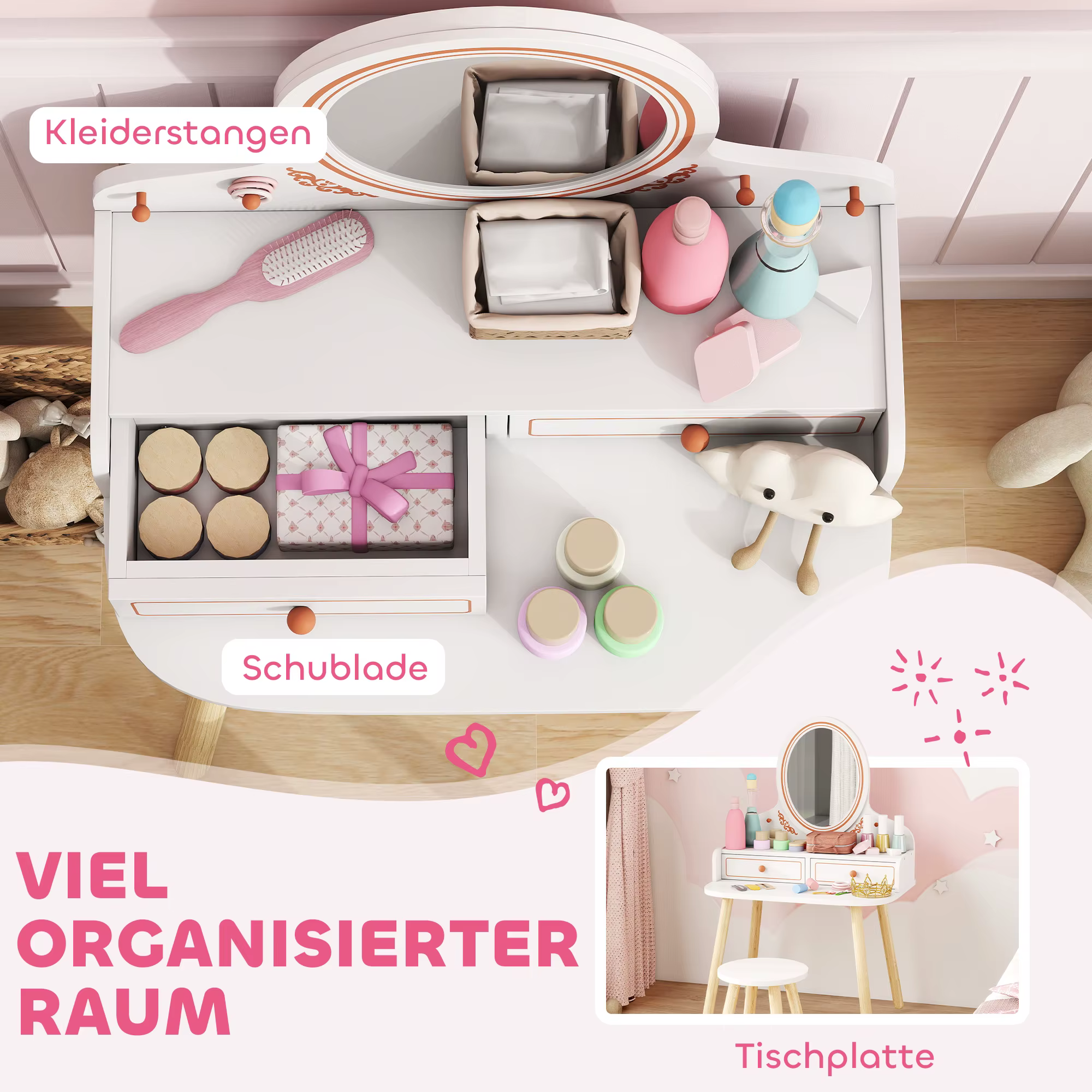 Valge ja roosa peegliga kosmeetikakorraldaja sahtlite, hoiuriiulite ja lauaplaadil oleva hoiuruumiga