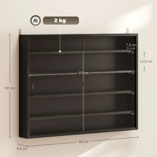 Seinale kinnitatav vitriinkapp lükandustega | E-pood Tootemaailm Tume seinariiul mõõtudega 80 × 60 cm, sügavus 9,5 cm ja kandevõime 2 kg