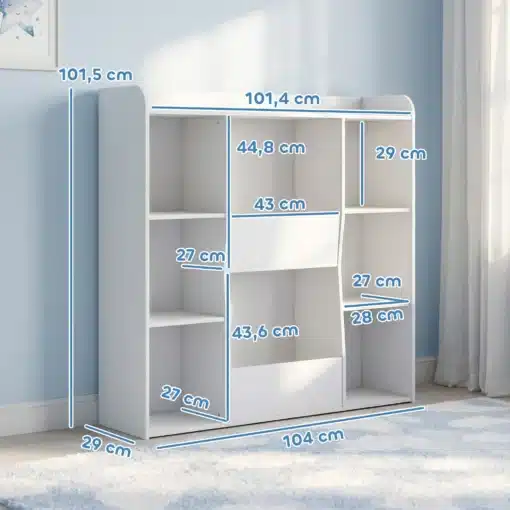 Laste raamatu- ja mänguasjariiul 8 panipaigaga | E-pood Tootemaailm Valge laste riidekapp riiulite ja riputusosaga, mõõdud 104 × 29 × 101,5 cm