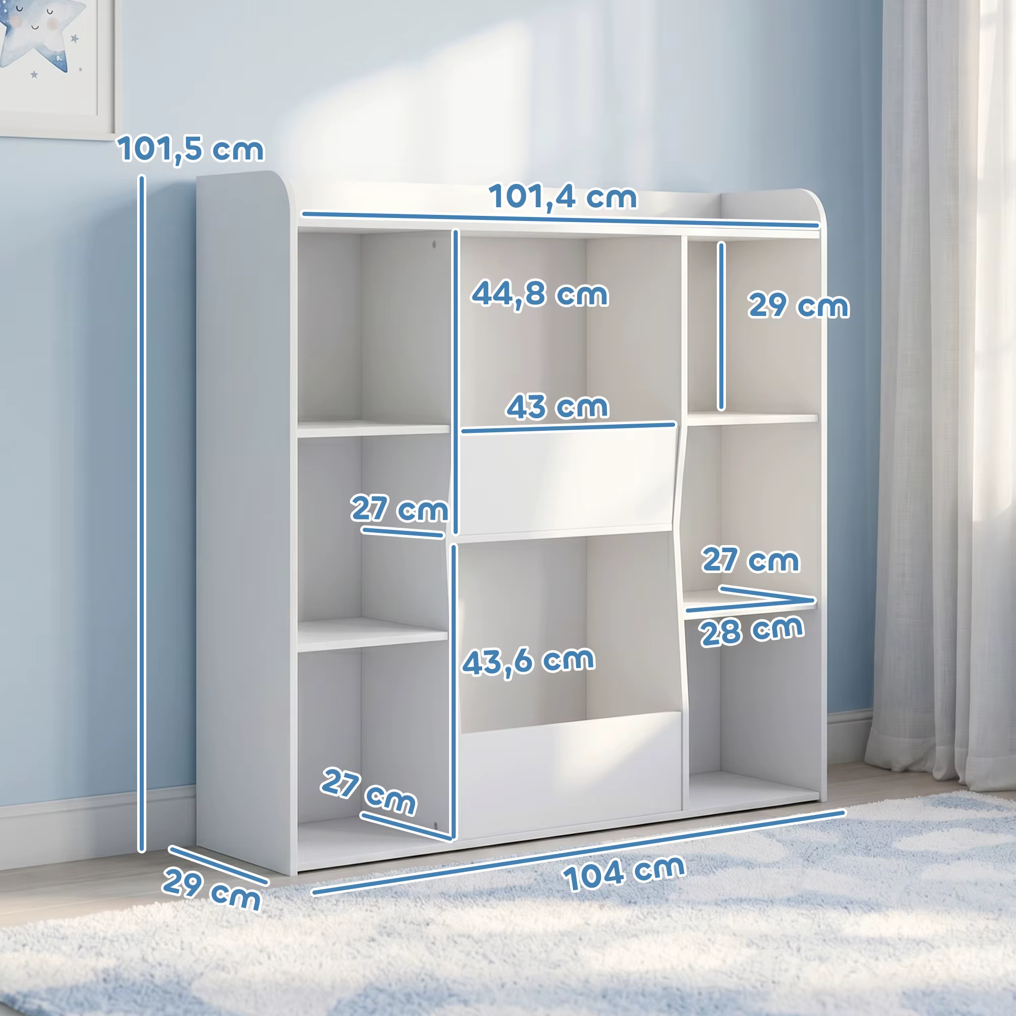 Valge laste riiul-kapp mõõtudega 104 × 29 × 101,5 cm ja mitme avatud panipaigaga