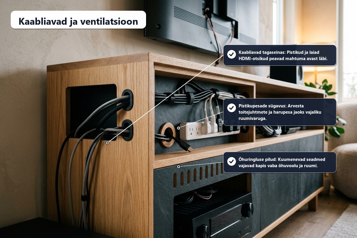 Telerialuse kaabliavad tagaseinas, pistikupesad ja ventilatsioonirestid