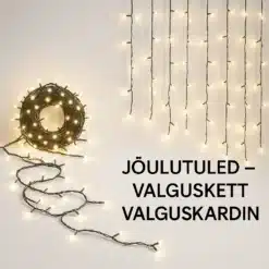 Jõulutuled säravad pimedas toas, valguskett ja valguskardin loovad piduliku õhkkonna