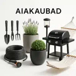 Erinevad aiatööriistad ja aiatarbed nagu aia tööriistad, istutamispotid, võrkkiiged, grillid, kastmissüsteemid