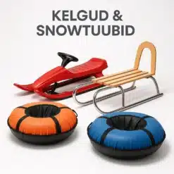 Erinevad kelgud ja snowtuubid lumisel maastikul