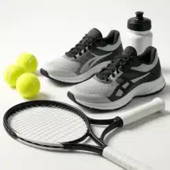 Erinevad tennisevarustuse esemed nagu reketid, pallid ja spordikotid