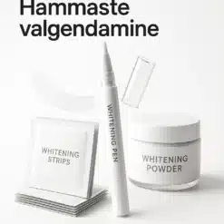 Valik hammaste valgendamise tooteid, sealhulgas hambavalgendus ribad, pliiatsid ja pulbrid