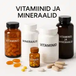 Erinevad värvilised vitamiinid ja mineraalid valgel taustal