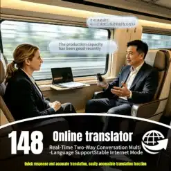 Kahe inimese vestlus rongis, käes tõlkeseade tekstiga „Online translator“ ja reaalajas kahesuunalise tõlke kirjeldus