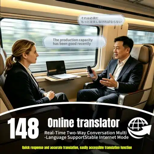 Nutikas AI tasku tõlk 148+ keelt | E-pood Tootemaailm Kahe inimese vestlus rongis, käes tõlkeseade tekstiga „Online translator“ ja reaalajas kahesuunalise tõlke kirjeldus