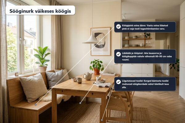 Väikese köögi sööginurk seinaäärse pingi ja puidust toolidega
