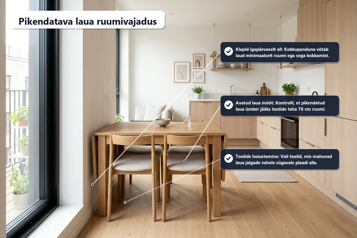 Pikendatav puidust söögilaud väikeses avatud köögis