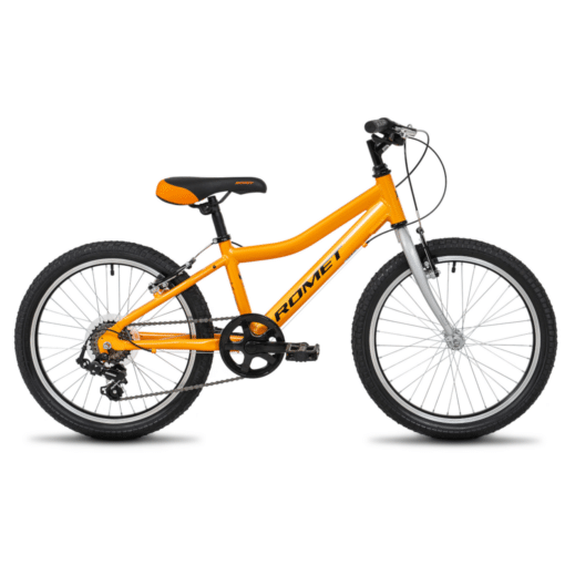Laste jalgratas ROMET Rambler KID 20 1, 20" oranž | E-pood Tootemaailm Oranž Romet jalgratas mustade rehvide, käiguvahetuse ja esiamortisaatoriga valgel taustal