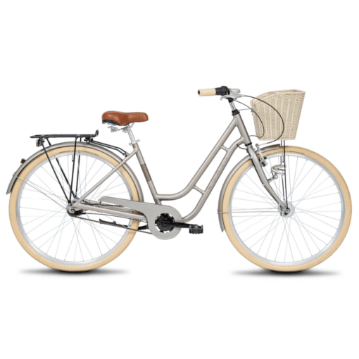 Naiste linnaratas Sonata Classic 28 tolli ja esikorviga | E-pood Tootemaailm Hall linnaratas korvi, pakiraami, pruuni sadula ja kreemikate rehvidega