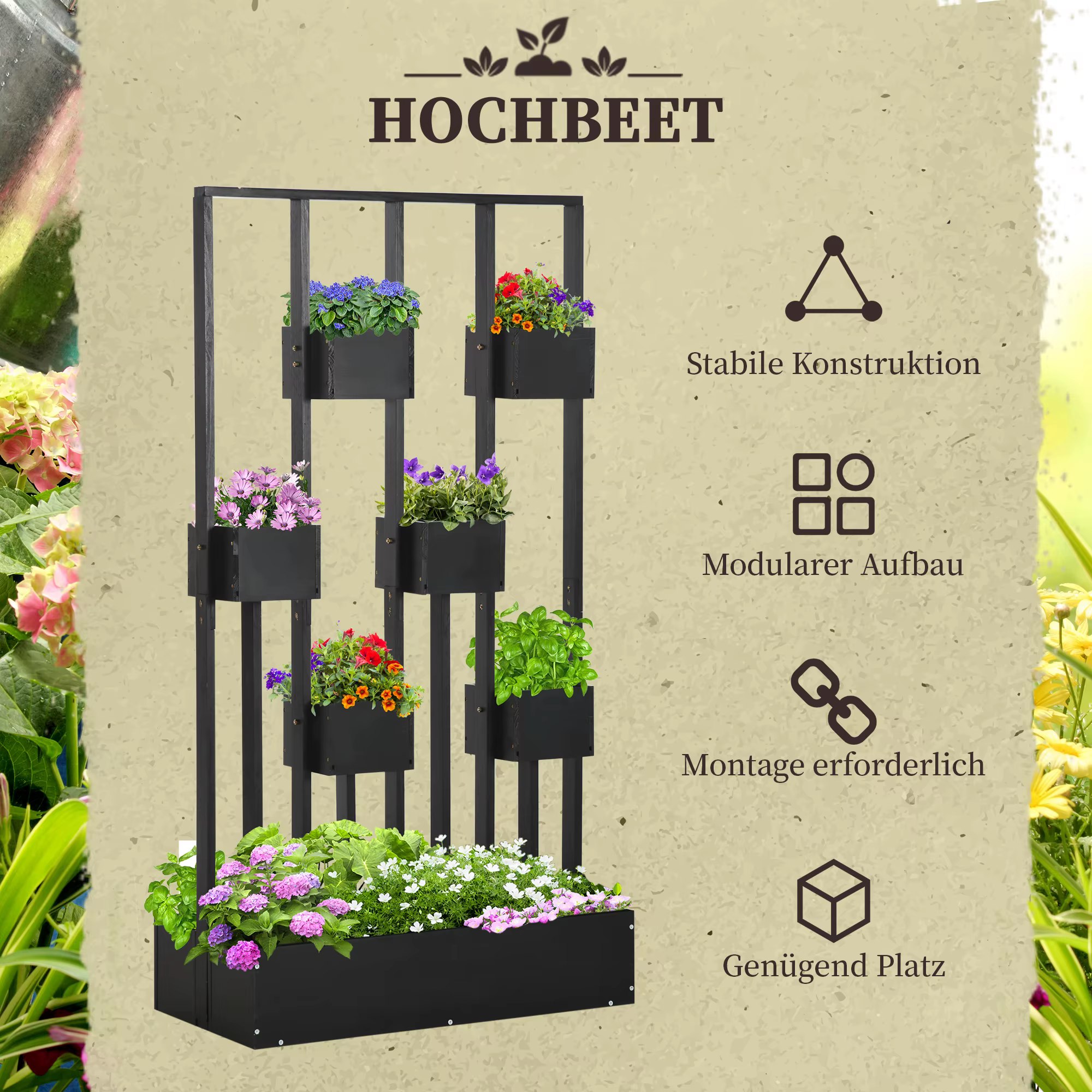 HOCHBEET must metallist vertikaalne lillepeenar kuue riputatava istutuskastiga ja alumise taimekastiga