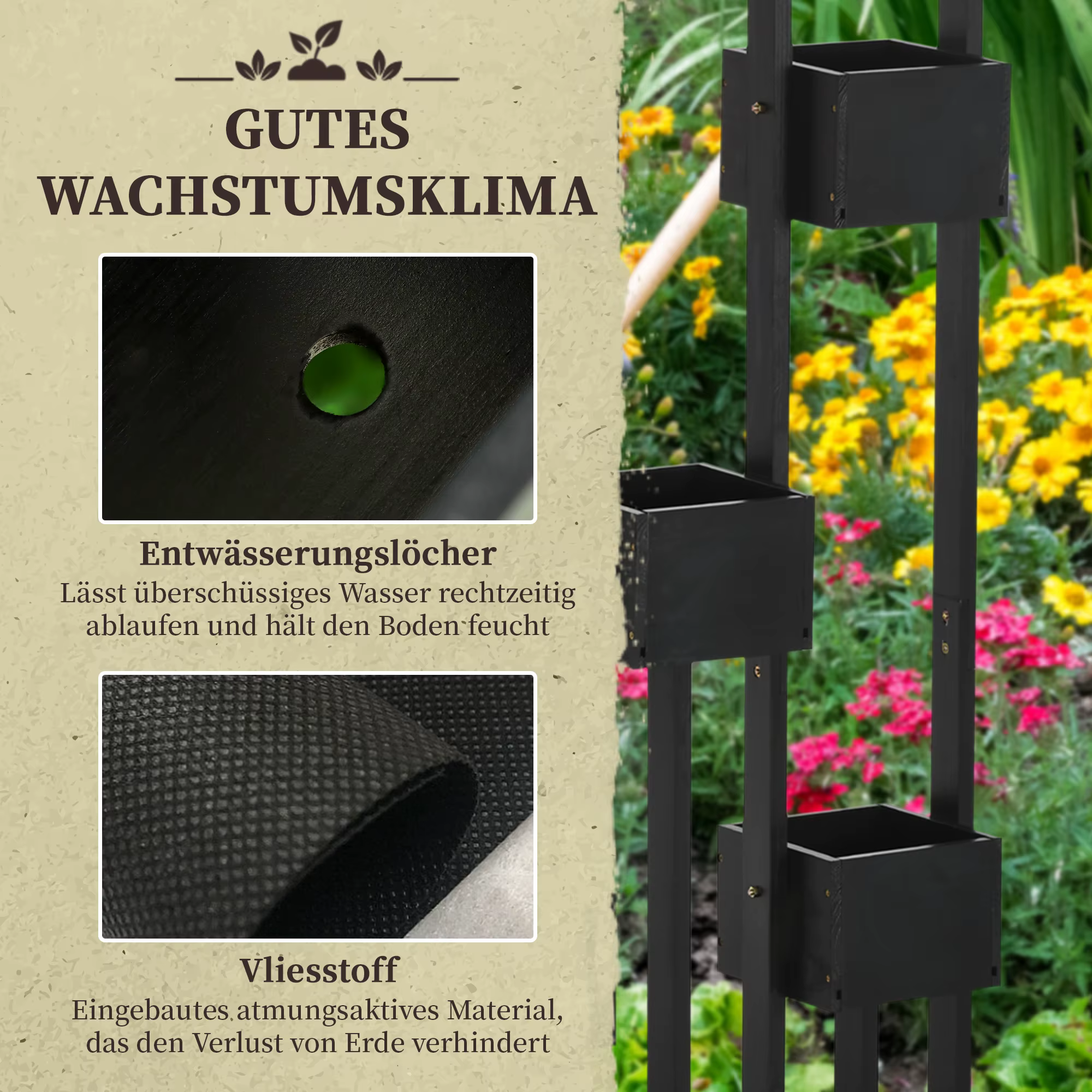 Must vertikaalne kolme istutuskastiga taimealus aias, drenaažiavade ja geotekstiilist voodriga